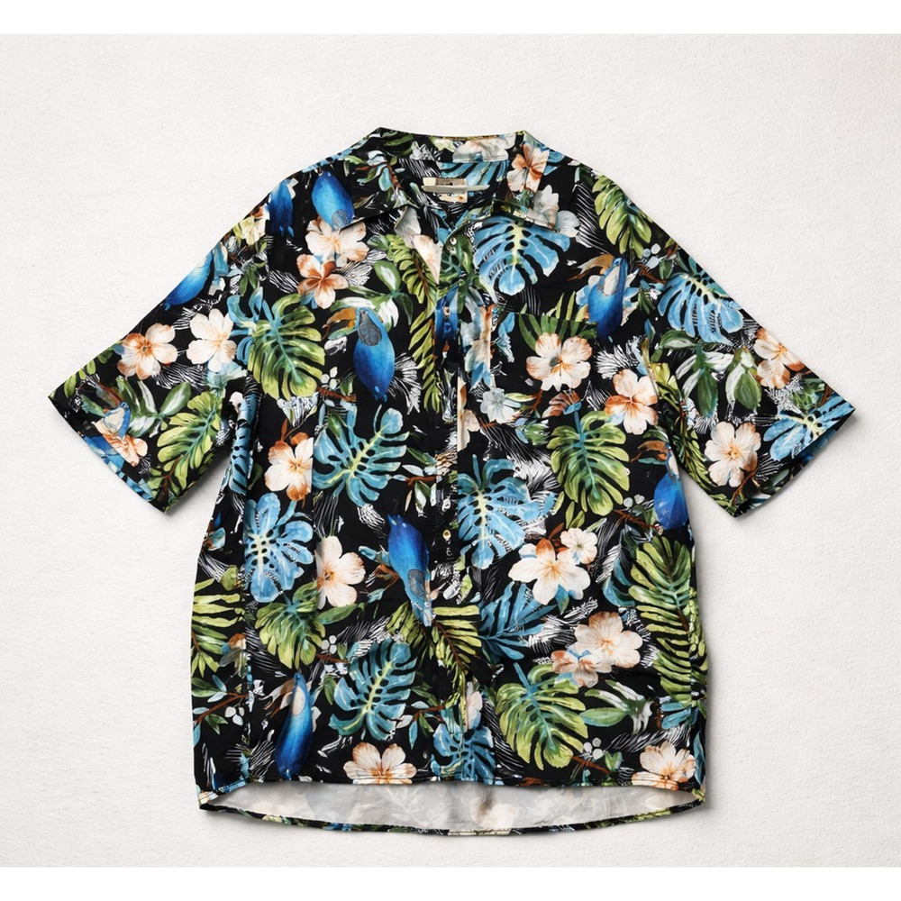 TUNEVUSE Shirt Mens 5XL Big Black Hawaiian Toucan Floral Button Up Short Sleeve